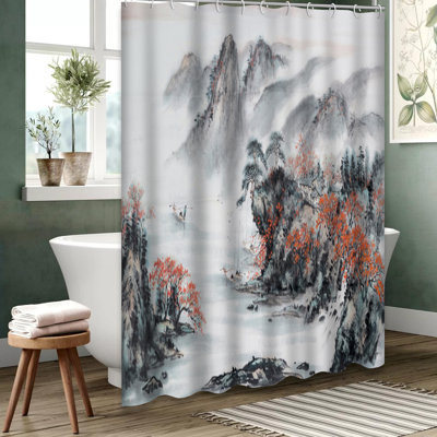 Chinese Japanese Cherry Blossom Shower Curtain with 12 Hooks
