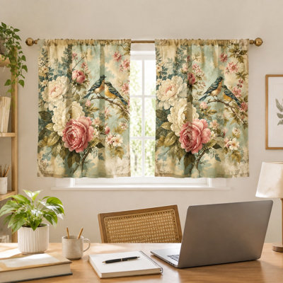 Lot de 2 rideaux vintage à imprimé floral et oiseaux, style européen romantique, filtrant la lumière, pour salon, chambre, cuisine, à œillets, décoration intérieure