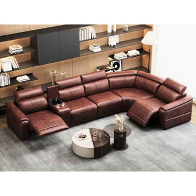 Canapé modulaire en cuir brun foncé 6 pièces pour le salon, inclinable électrique avec cuir respirant, mousse à haute résilience, structure en bois, rangement intégré et fonctionnalité de compatibilité avec les porte-gobelets