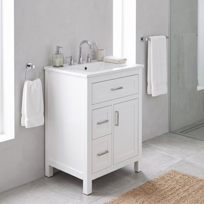 Meuble-lavabo autoportant de 24 po, armoire en panneau de fibres à densité moyenne avec évier en céramique, armoire de rangement multiple avec quincaillerie à fermeture en douceur, tablette réglable et poignées en alliage de zinc argenté