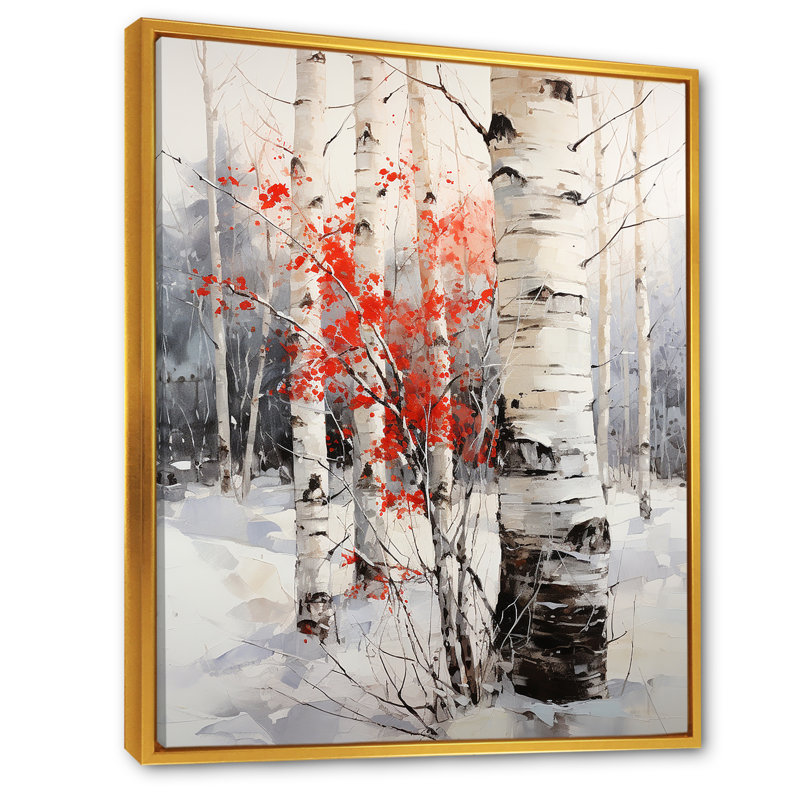 Bois de bouleau blanc et rouge en hiver sur toile, Cadre flottant doré, H 40 po x l 30 po x P 1,5 po