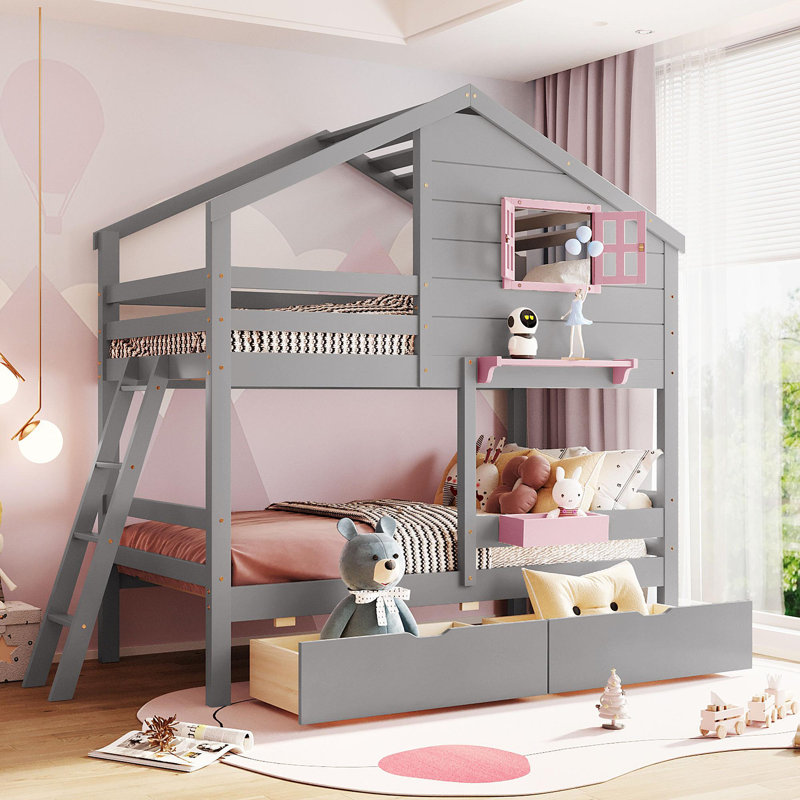 Lit superposé simple au-dessus de simple avec 2 tiroirs, 1 boîte de rangement, 1 tablette, fenêtre et toit gris