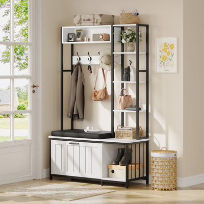 Hall Tree Coat Rack Country Style Hall Tree Steel Frame, Retro Brown, 39.37 X 15.74 X 69.69 In by 17 Stories