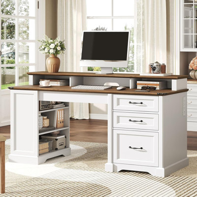 55" Farmhouse Executive Desk with Drawers, Computer Desk with File Cabinet and Side Bookshelf