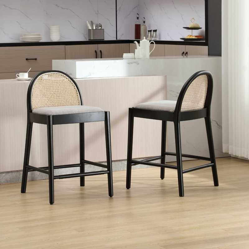 Set Of 2 Modern Grey Rattan Counter Stools 26 Inch, Wooden Linen Upholstered Armless Bar Stools With Oval Rattan Back For Kitchen Island