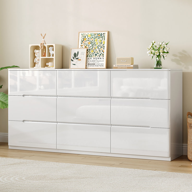 Commode 9 tiroirs l 60 po, armoire de rangement moderne ultrabrillante pour chambre à coucher, salon, blanc, Blanc