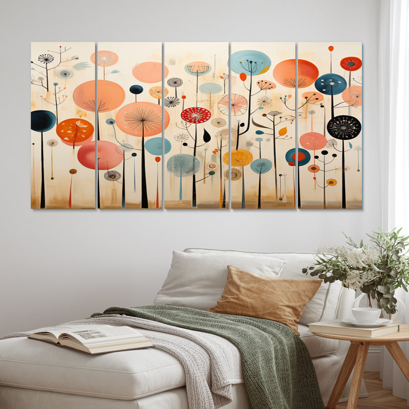 Abstract Mid-Century Whimsical Wallpaper Canvas 5-Panel Set - Whimsical Wallpapers