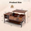 Table basse à plateau relevable Hommoo avec compartiment de rangement caché, tablette amovible et structure en métal industriel, brun rustique