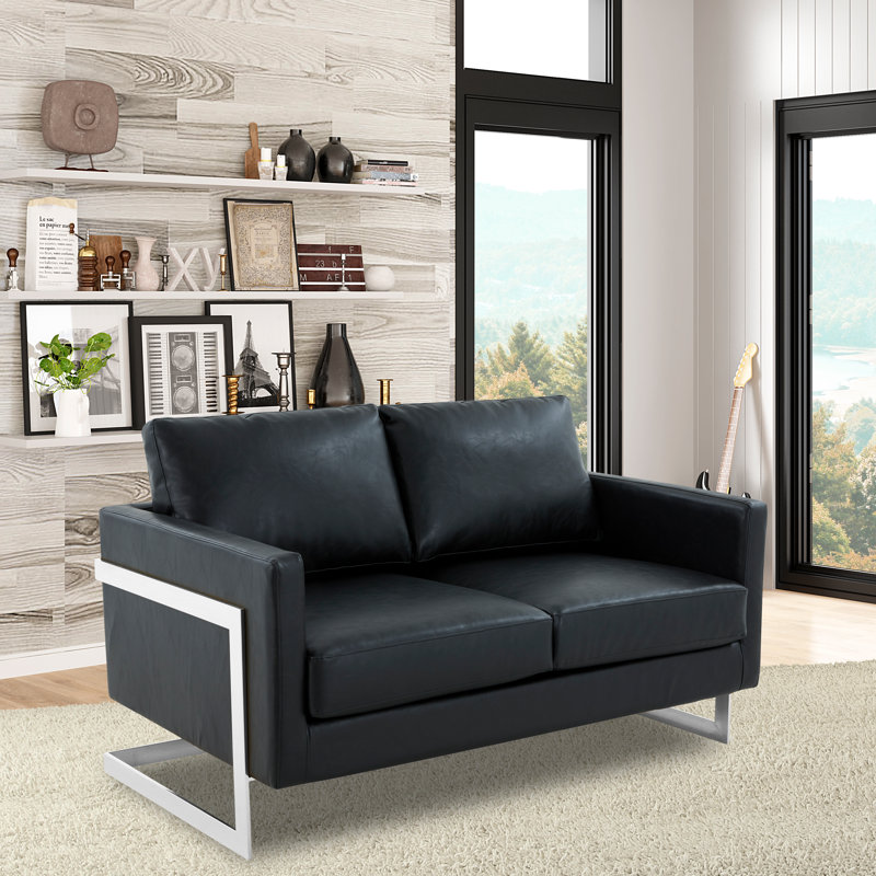 Canapé en cuir moderne Natahlia, Noir, Argent argent, Two-Seater Loveseat