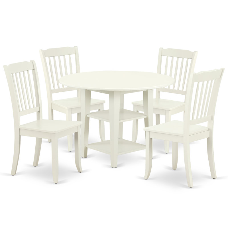 5 Piece Dining Room Furniture Set Includes a Round Kitchen Table with Dropleaf & Shelves and 4 Dining Chairs, Linen White