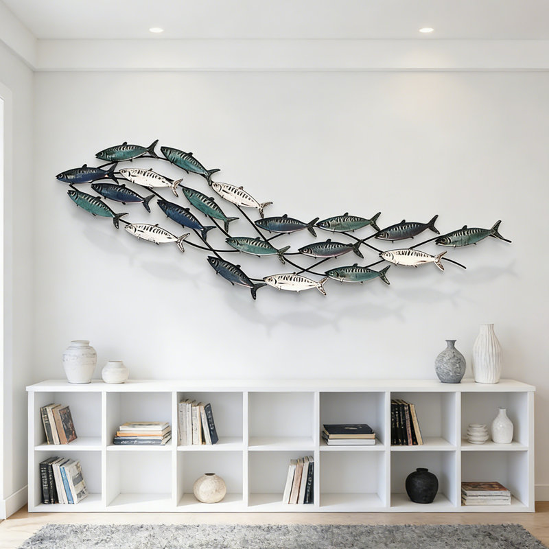 Coastal Metal Fish Wall Decor Metal School of Fish Wall Decoration 3D Fish Wall Sculpture for Living Room Outdoor Ocean Beach