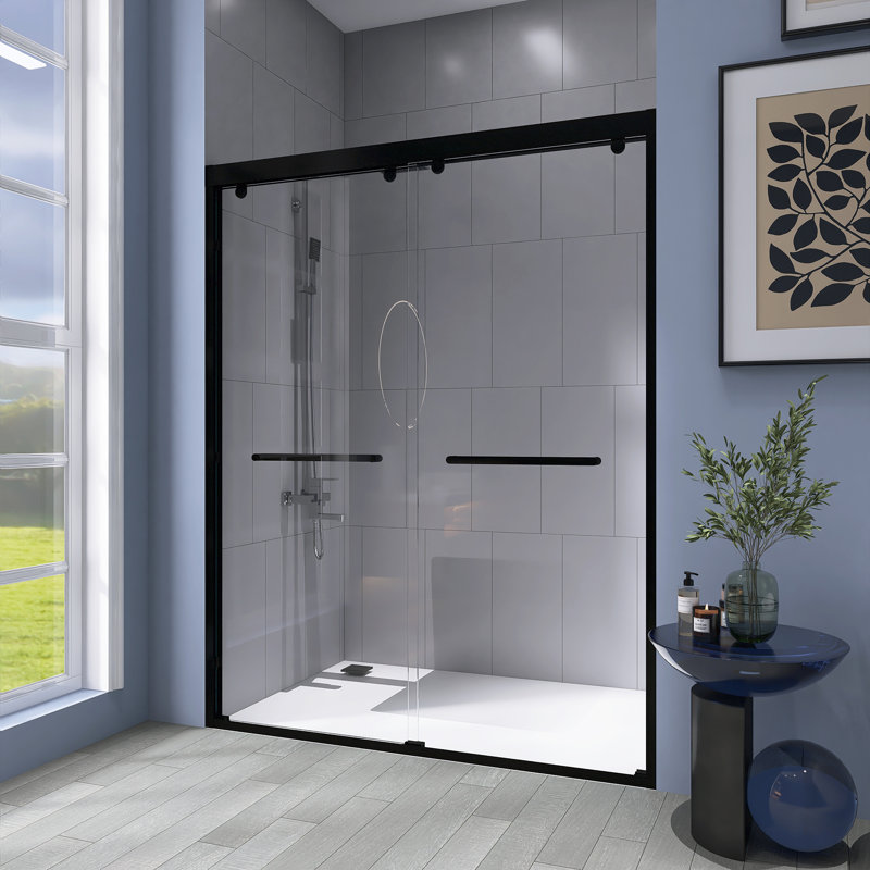 Porte de douche coulissante double à cadre moderne de 56 à 60 po x H 76 po, verre trempé de 8 mm, Noir mat