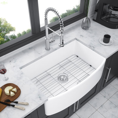 White Farmhouse Sink - 33 Inch White Kitchen Sink Ceramic Arch Edge Apron Front Single Bowl Farm Kitchen Sinks