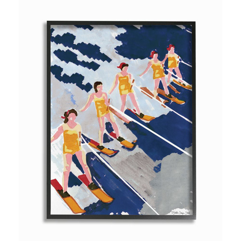 Retro Waterski Women Blue Yellow Watercolor Painting Oversized Black Framed Giclee Texturized Art by Stellar Design Studio