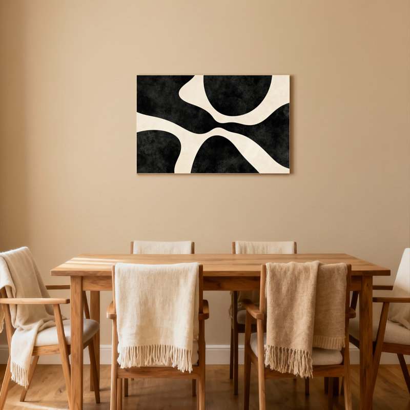Ensemble de 1 tableau sur toile tendue à motif géométrique abstrait noir et crème, H 16 po x l 24 po