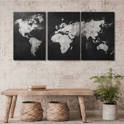Tableau sur toile vintage carte du monde en noir et blanc, texture texturée, décoration murale pour bureau ou salon