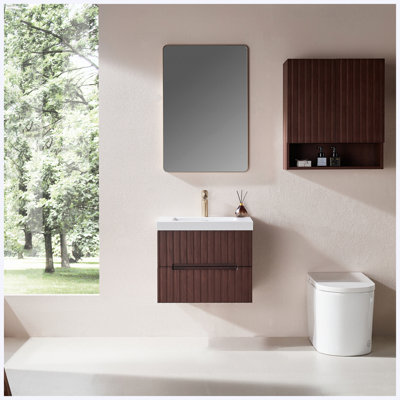 Meuble-lavabo suspendu de 61 cm (24 po) avec lavabo intégré en acrylique blanc, armoire en contreplaqué préassemblée avec 2 tiroirs, noyer foncé