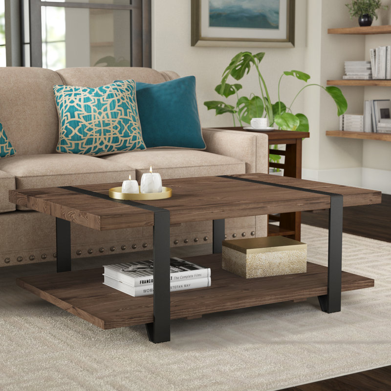 Alezzi 48" Wide Solid Wood and Metal Rectangular Coffee Table With 1 Shelf