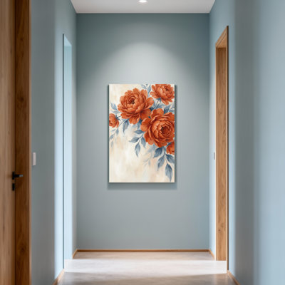 Plantes et fleurs roses oranges avec motif de feuilles bleues
