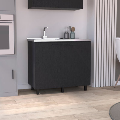 2 Freestanding Utility Base Cabinet With Stainless Steel Countertop And 2-Door, Black