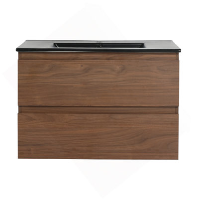 Meuble-lavabo mural 30 po avec lavabo en céramique noire, 2 tiroirs à fermeture en douceur, ensemble KD