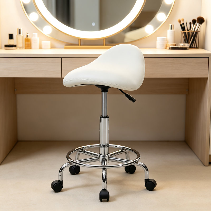 Tabouret de bureau pivotant à hauteur réglable avec repose-pieds, en similicuir et à roulettes, avec assise ergonomique en forme de selle, idéal pour les bureaux, les salons et les cliniques.