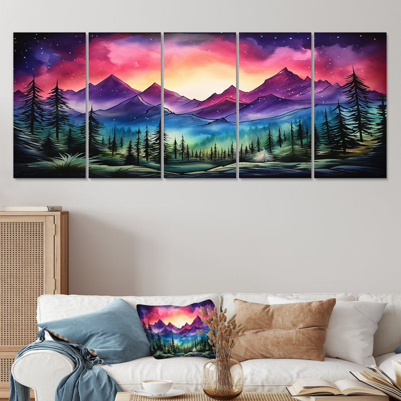 Ensemble de 5 décorations murales mauves aurores boréales mauves II, H 32 po x l 80 po