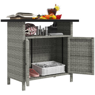 Outsunny Wicker Outdoor Storage Cabinet, Rattan Outdoor Bar Table with 2 Doors and Shelf, Outdoor Buffet Cabinet Sideboard with Metal Slatted Countertop for Poolside, Patio, Backyard