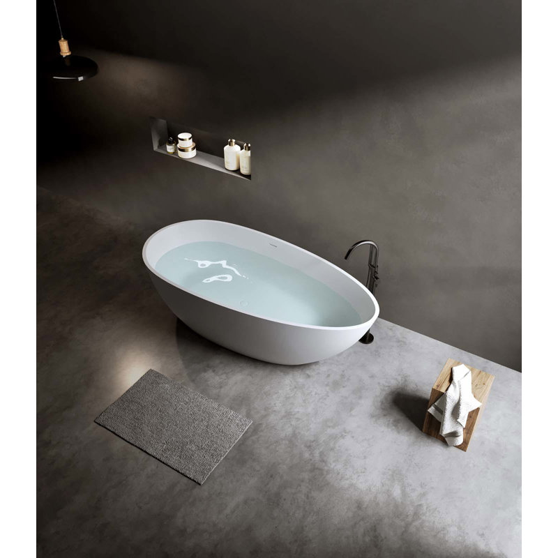 MAYBOSS 59 Inch Freestanding Bathtub, Stone Resin Solid Surface Soaking Tub, Modern Stand Alone Bathtub with Overflow & Pop-up Drain, White for Bathroom