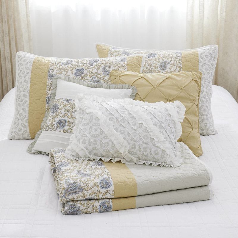 Ensemble de 6 courtepointe jaune pour lit double / grand avec coussins