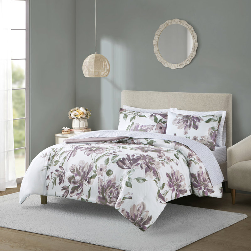 Grand édredon et drap - Motif floral taupe doux mauve brossé, Édredon grand