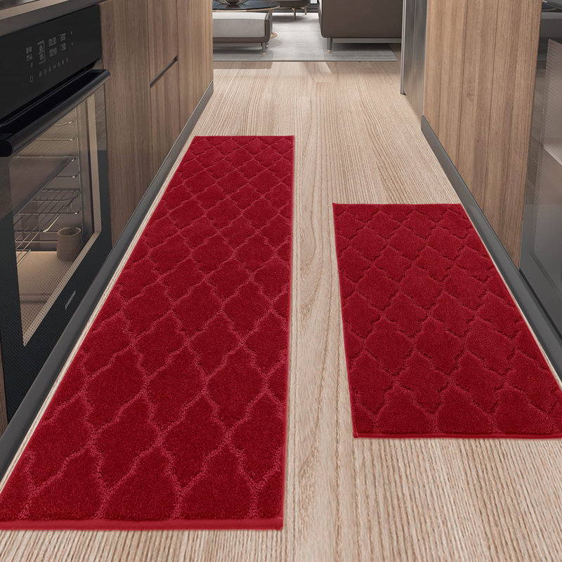 Muhd Kitchen Mat Set of 2, Red, Rectangle 2' x 3'+ 2' x 5'