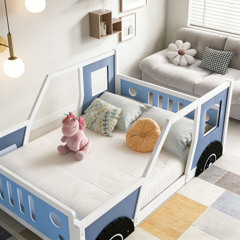 Classic Car-Shaped Platform Bed with Wheels, Blue, Twin