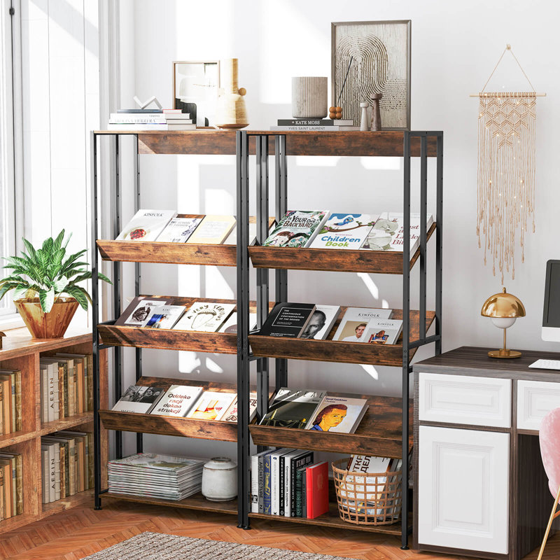 1 étagère de rangement à 5 niveaux avec bibliothèque inclinable et tablettes inclinables, Brun / Noir