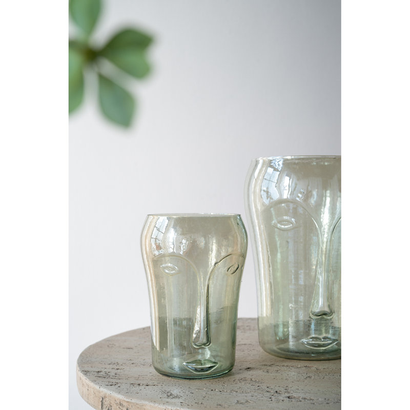S / 2 vases décoratifs en verre vert avec motifs de visage