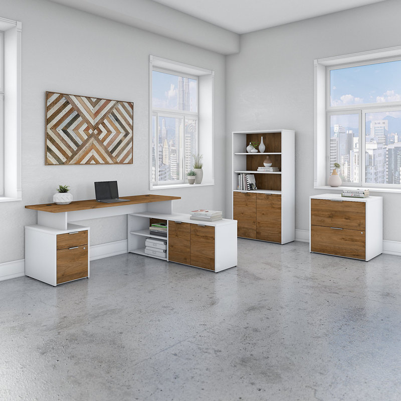 Jamestown 3 Piece Writing Desk Office Set, Fresh Walnut/White, 66.12" H x 71.01" W x 59.16" D