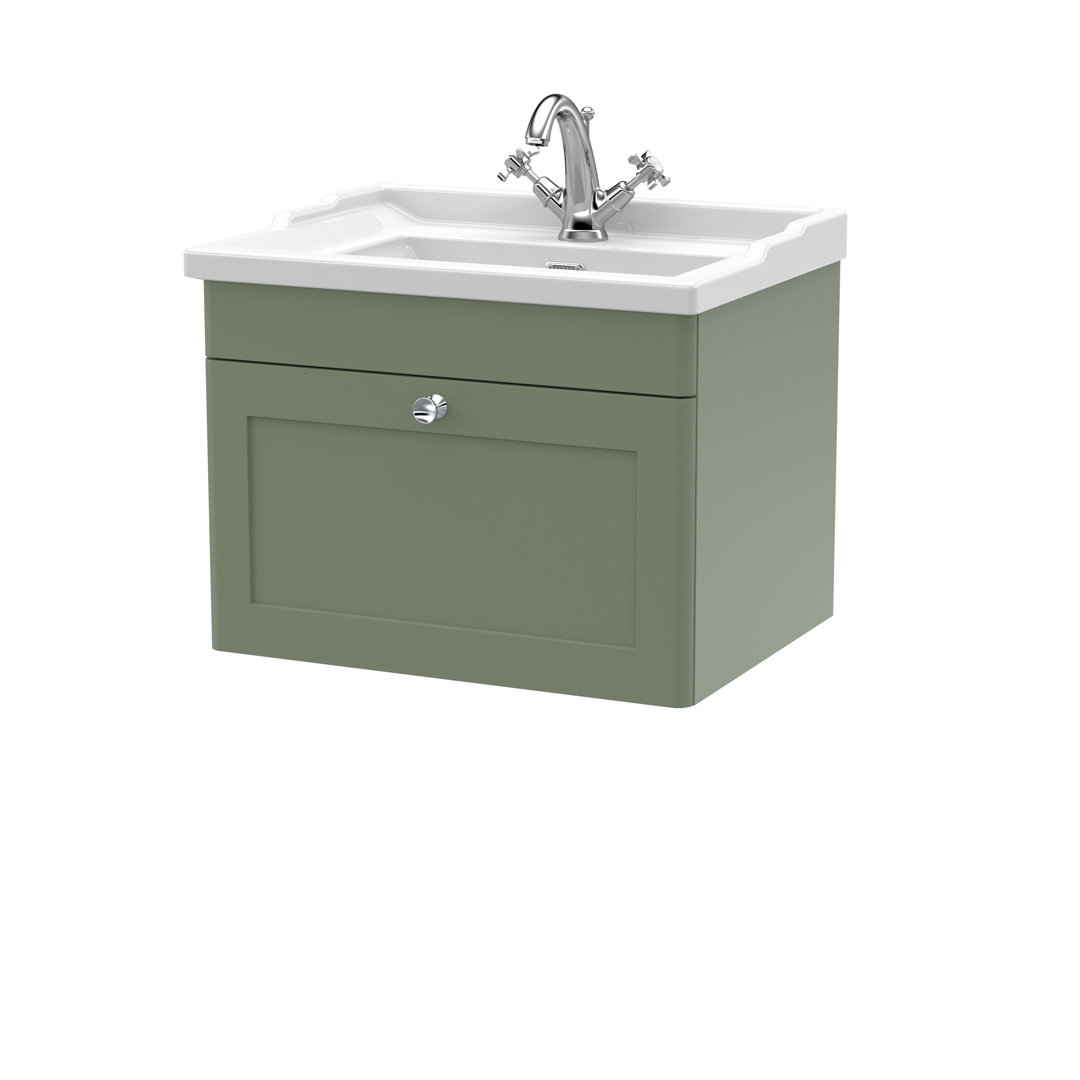 Nuie 600mm Wall Hung Vanity Unit with Basin - Satin Green - 1 Drawer - 1 Tap Hole - Image 3