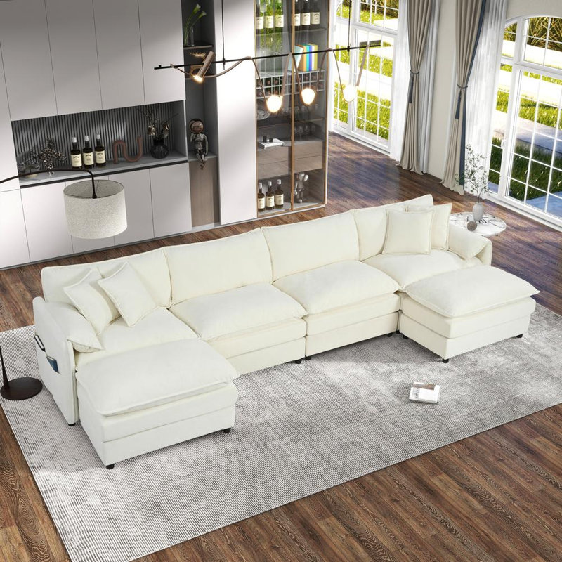 143.31'' Upholstered Sectional Sofa with Ottoman, Beige