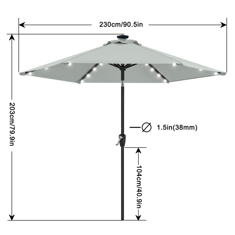 Parasol de marché solaire à DEL Cutshall avec inclinaison et relevage à manivelle, Gris clair, 7.5'