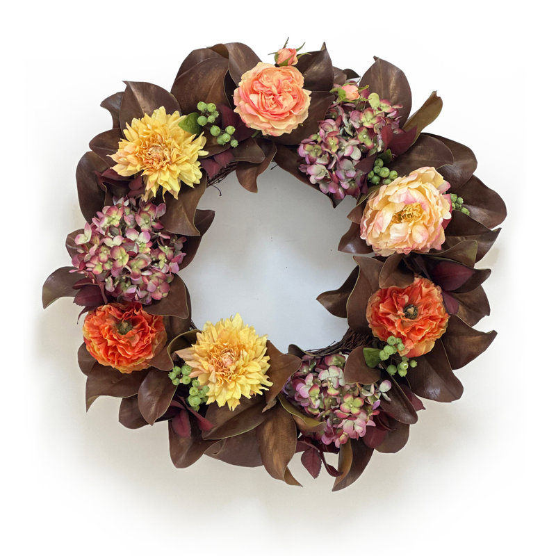 MAGNOLIA AND GARDEN FLOWERS WREATH