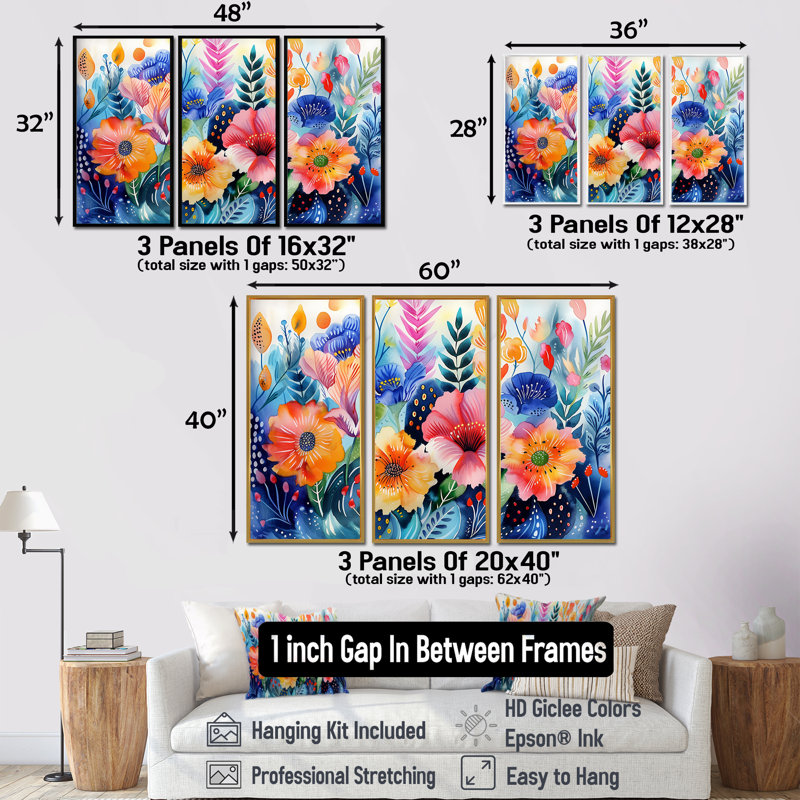 Fleurs roses bleues sous l'eau II - ensemble d'art mural botanique, H 32 po x l 48 po x P 1 po