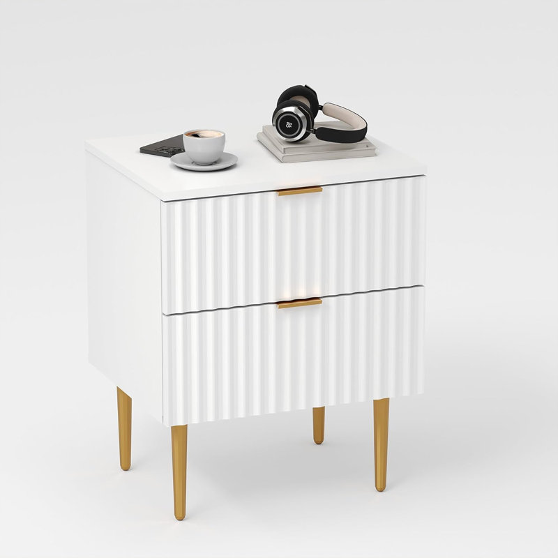 Fluted Wood Nightstand with Charging Station, 2 Drawers, USB Ports and Outlets, Gold Accent, for Bedroom, Living Room, or Office