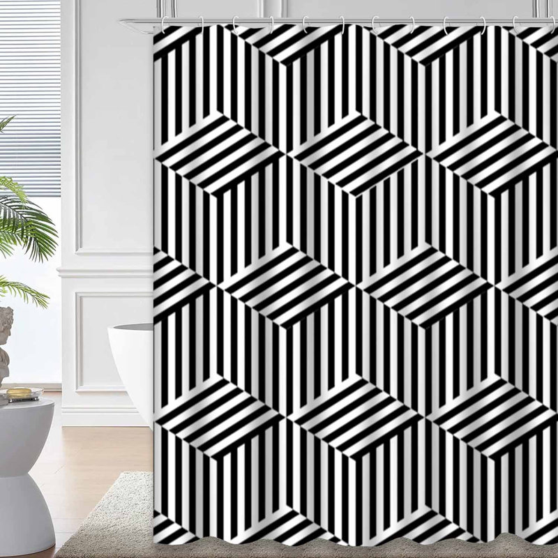 Rideau de douche géométrique noir et blanc avec 12 crochets, L 72 po x l 78 po