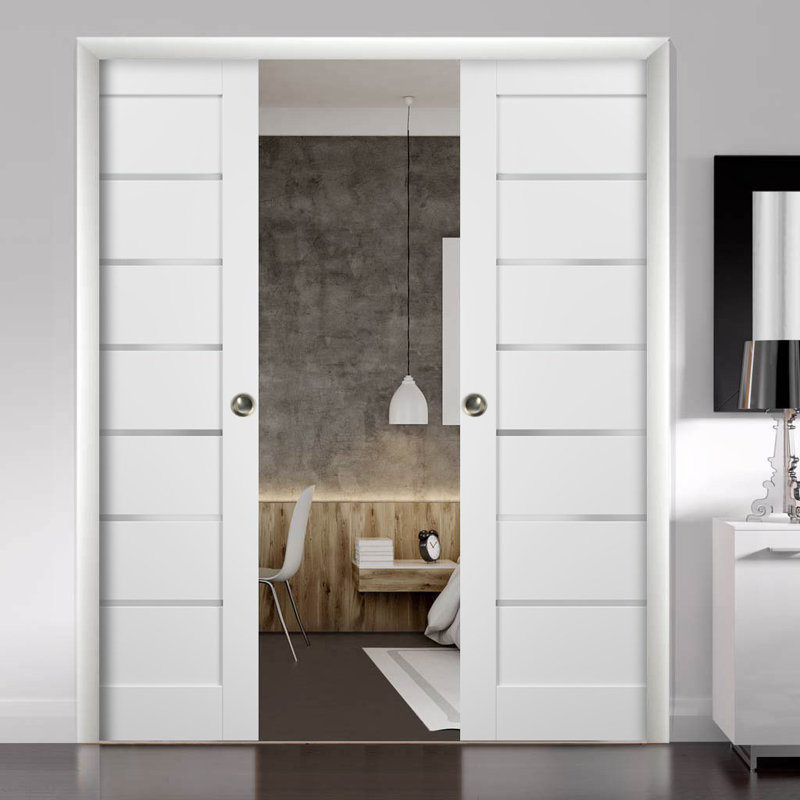 Quadro Frosted Glass Sliding Closet White Doors with Installation Hardware Kit, 56" x 84"