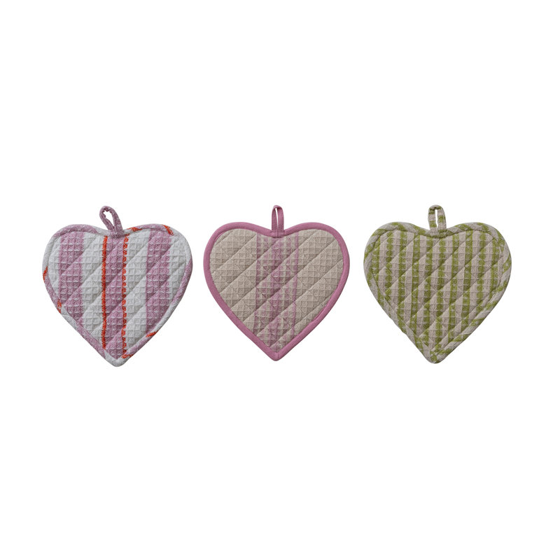 Cotton Quilted Heart Shaped Pot Holder With Stripes