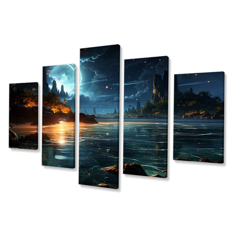 Mystic Tropical Beach Moonlight IV - Coastal Beach, art mural multi-panneaux pour le salon