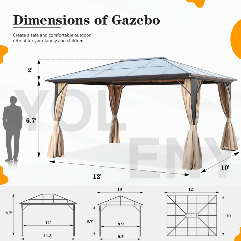 Serre L 10 pi. D Pavillon de jardin à toit rigide, pavillon permanent à structure en aluminium avec rideaux et moustiquaire, auvent extérieur en polycarbonate double, conçu pour le jardin, les pelouses, le patio, brun