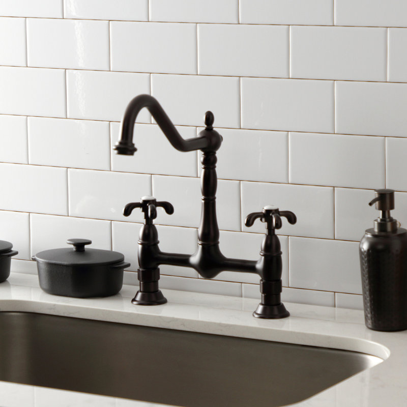 Kingston Brass French Country Two-Handle 2-Hole Deck Mount Bridge Kitchen Faucet, Oil Rubbed Bronze
