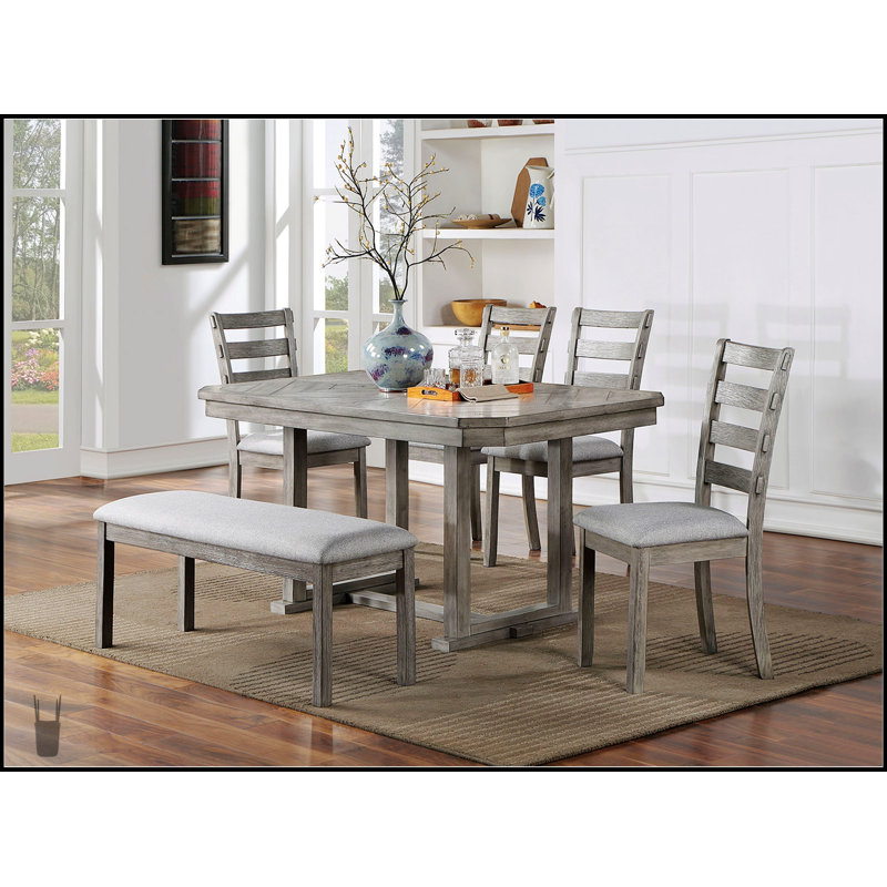 Rustic Style 6-Piece Dining Set With Grey Finish, Spacious Table, 4 Side Chairs, And Bench For Comfortable Seating