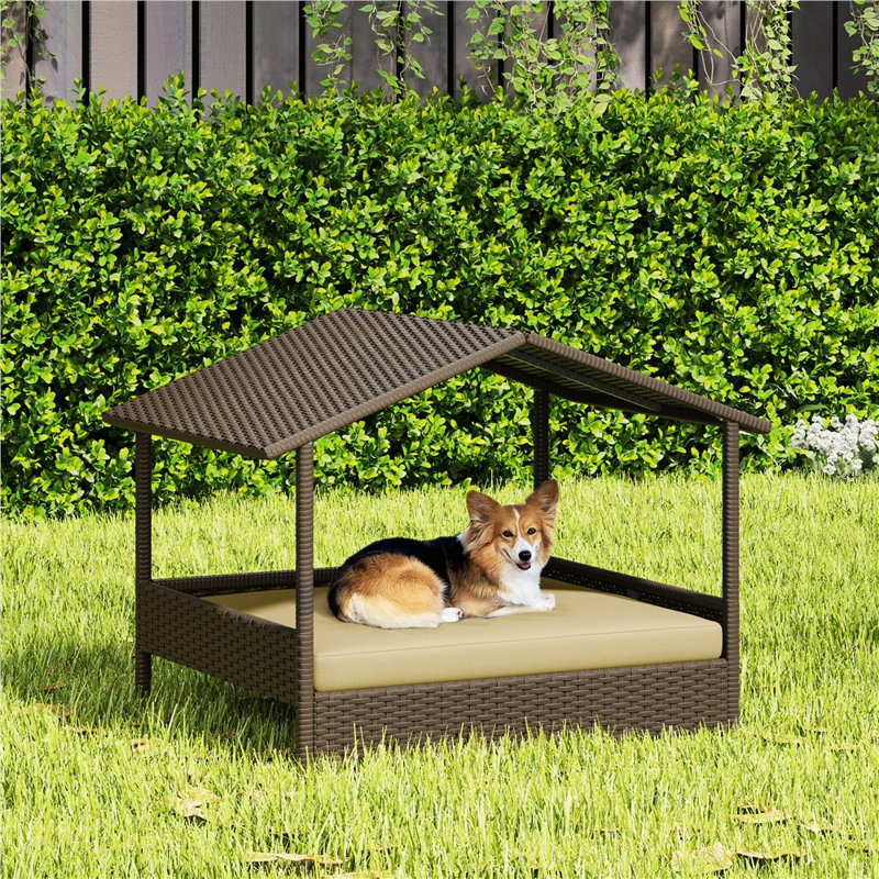 Niche pour chien d'extérieur en rotin avec auvent et coussin en mousse, Brun / kaki